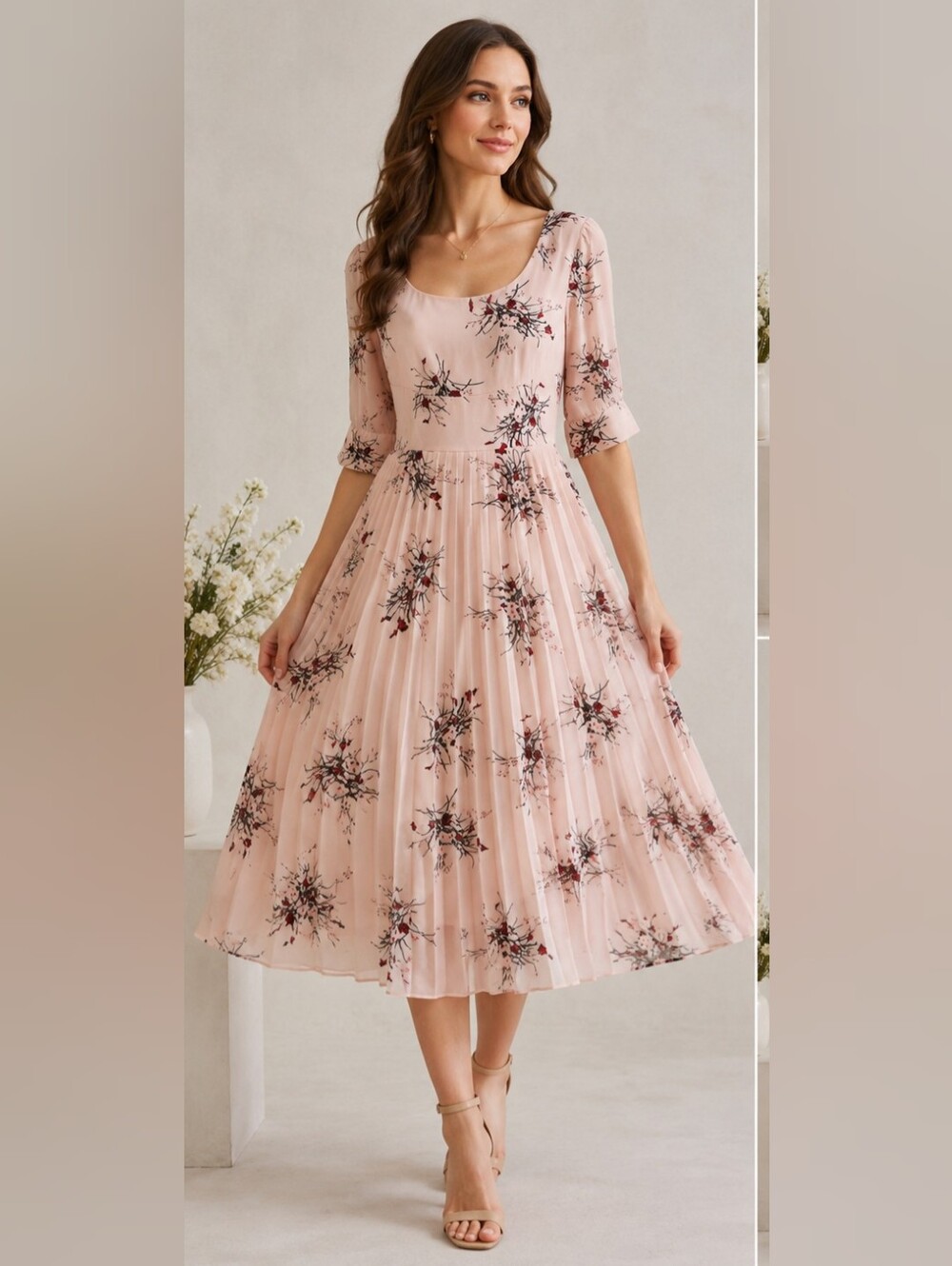 Simple Retro Women's Pink Floral Midi Dress  Romantic  Pleated 3/4 Sleeve Size M